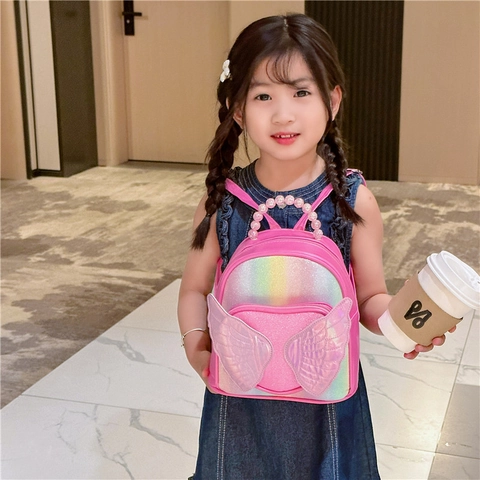Rainbow Sequin Angel Wings Kids Backpack For Girls With Artificial Pearl Handle Cute PU Leather School Bag Toddler Kindergarten
