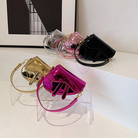 Mini Saddle Bag For Girls Shiny Metallic PU Leather Chic Asymmetric Flap Fashionable Kids Shoulder Bag Modern