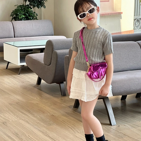 Mini Saddle Bag For Girls Shiny Metallic PU Leather Chic Asymmetric Flap Fashionable Kids Shoulder Bag Modern