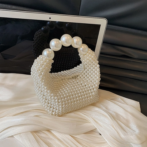 Handmade Artificial Pearl Woven Handbag Elegant Beaded Shoulder Bag For Women Vintage Wedding Party Crossbody Purse