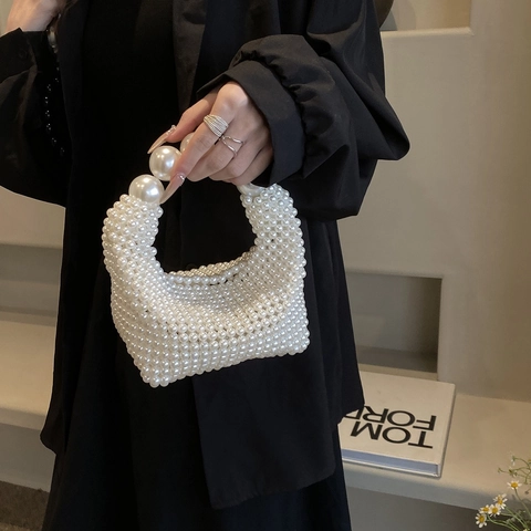Handmade Artificial Pearl Woven Handbag Elegant Beaded Shoulder Bag For Women Vintage Wedding Party Crossbody Purse