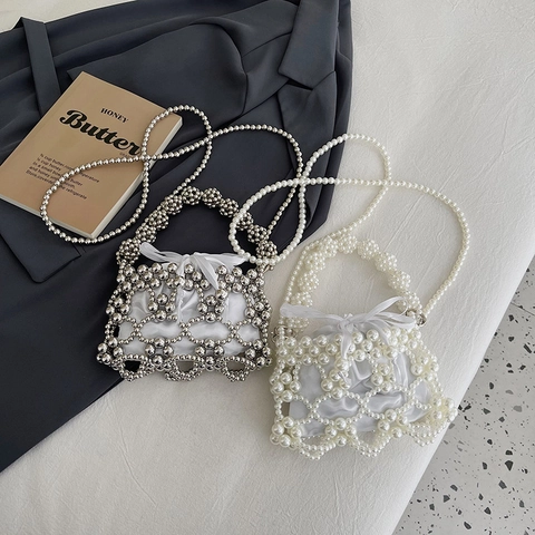 Kids Beaded Shoulder Bag Hollow Out Artificial Pearl Metal Beads Handheld Crossbody Purse With Inner Pouch For Toddler Girls