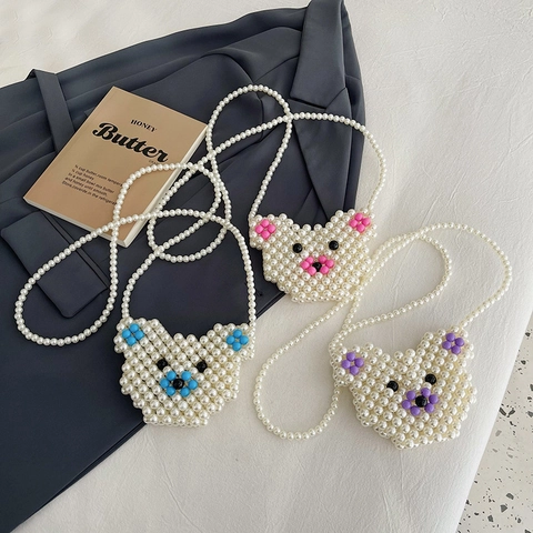 Bolso Bandolera Infantil De Perlas Artificiales Artificiales Hecho A Mano Forma De Oso Lindo Mini Bolso De Hombro Animal