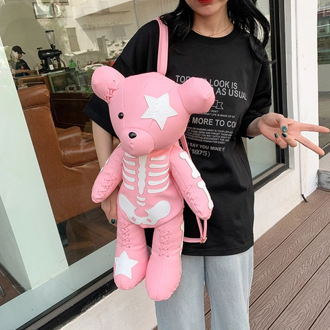Kids Bear Shaped Backpack PU Leather Skeleton Skull Pattern Star Patches Punk Gothic Streetwear For Boys Girls