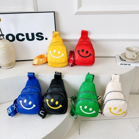 Kids Chest Sling Bag PU Leather Smiley Face Letter Print Strap Adjustable Casual Crossbody Pack For Boys Girls