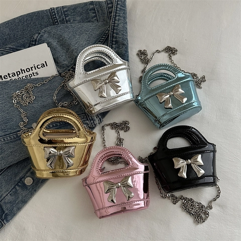 Girls Mini Shoulder Bag Mirrored PU Leather Bowknot Decor Chain Strap Top Handle Kids Crossbody Handbag Laser Bright