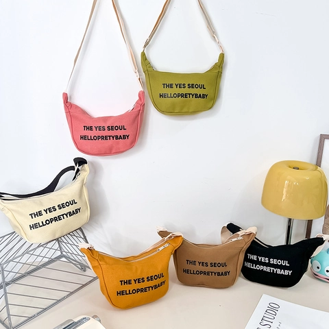 Kids Canvas Crossbody Chest Bag Letter Print Korean Style Adjustable Strap Streetwear Fashion Messenger For Boys Girls