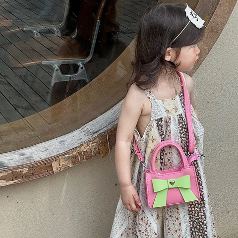 Bolso De Bandolera De Cuero PU Para Niñas Niños Lazo Grande Hebilla De Corazón Color Contraste Mini Bolso