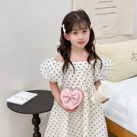 Sweet Heart Shaped Kids Shoulder Bag PU Leather Bow Decoration Metal Chain Crossbody Purse For Girls