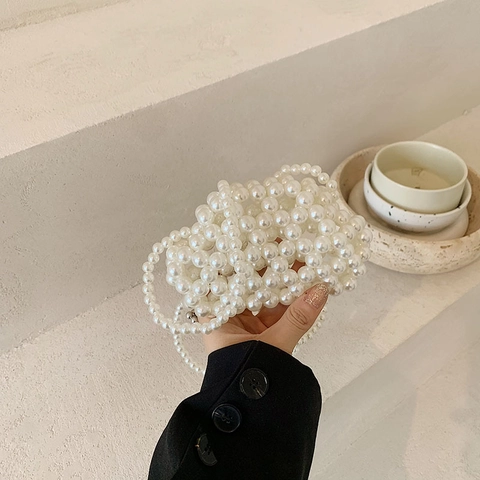 Girls Artificial Pearl Beaded Crossbody Bag Hand Woven Cloud Shape Mini Purse Elegant Summer Fashion Accessory