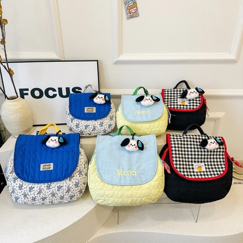 Cute Quilted Nylon Kids Backpack Korean Style Contrast Color Gingham Heart Pattern Cartoon Dog Pendant School Bag For Toddlers