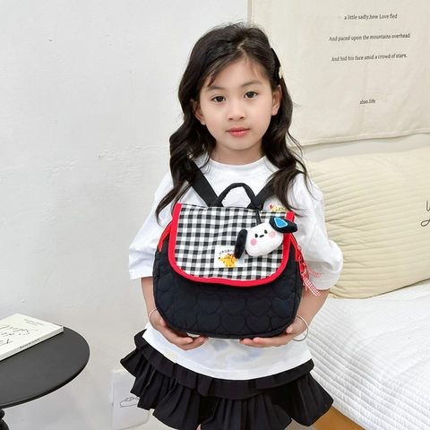 Cute Quilted Nylon Kids Backpack Korean Style Contrast Color Gingham Heart Pattern Cartoon Dog Pendant School Bag For Toddlers