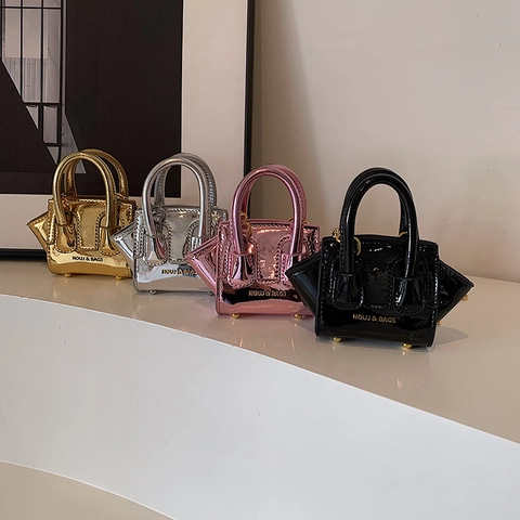 Kinder Mini Umhängetasche Metallic Lackleder PU Flügel Schultertasche Mit Metallkette Modern Cool Trendig Mode