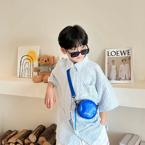 Kids Round Crossbody Bag PU Leather Mini Shoulder Purse With COOL Letter Print Adjustable Wide Strap Trendy For Boys