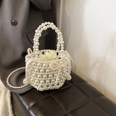 Sac À Main Künstliche Perles Fille Tissé À La Main Sac Bandoulière Avec Nœud Doublure Satin Princesse Doux Accessoires Mode