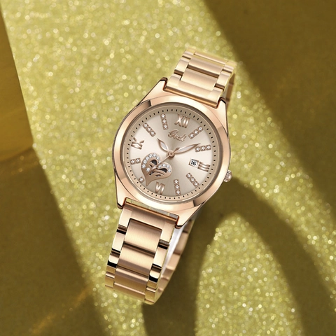 Women Quartz Watch Stainless Steel Strap Diamond Inlaid Heart Hollow Design Date Calendar Waterproof Luxury Fashion