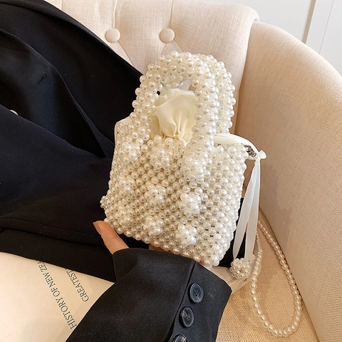 Girls Mini Artificial Pearl Beaded Handbag Elegant Imitation Artificial Pearl Crossbody Bag With Satin Drawstring Liner Princess Style