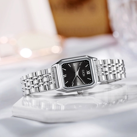 Women Quartz Watch Rectangular Dial Stainless Steel Strap Waterproof Elegant Retro Fashion Wristwatch For Lady
