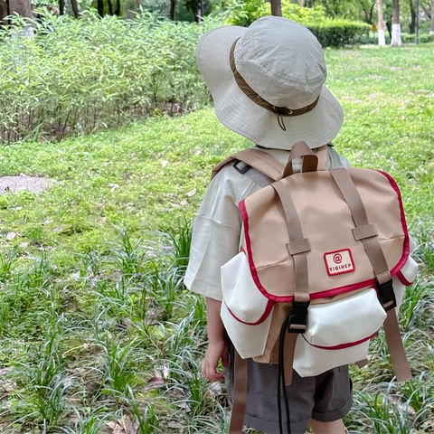 Kids Canvas Backpack Schoolbag Contrast Color Multi Pocket Flap Buckle Outdoor Trendy Travel Bag For Boys Girls