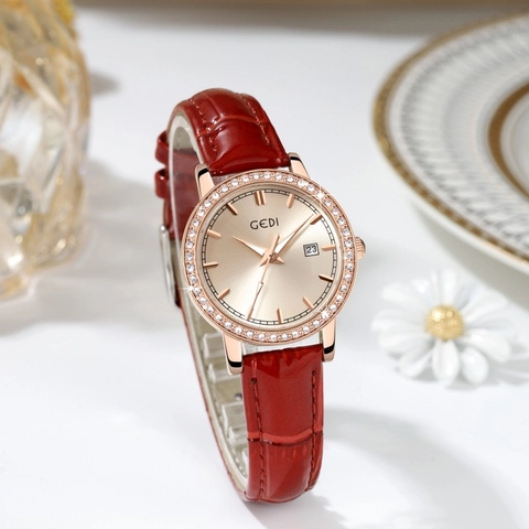 Women Quartz Watch With Rhinestone Bezel Leather Strap Calendar Date Waterproof Luminous Fashion Luxury Elegant
