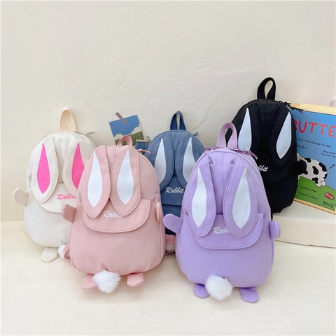 Zaino Per Bambini Nylon Cartone Animato Coniglio Orecchie Coda Peluche Materna Cartella Kawaii Borsa Da Viaggio Piccola