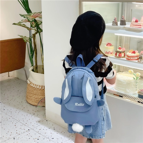 Zaino Per Bambini Nylon Cartone Animato Coniglio Orecchie Coda Peluche Materna Cartella Kawaii Borsa Da Viaggio Piccola
