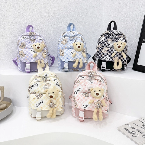 Kinderrugzak Mini Schooltas Canvas Schattige Beer Print Met Pluche Pop Voor Kleuterschool Peuters