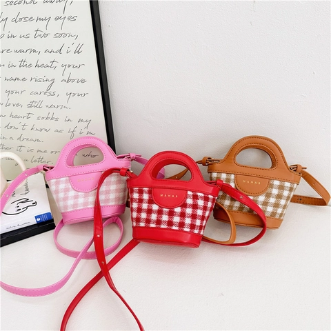 Kids Mini Crossbody Bag Plaid Fabric PU Leather Patchwork Top Handle Handbag Adjustable Strap Fashion Accessory For Girls