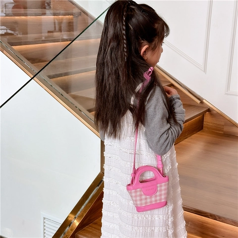 Kids Mini Crossbody Bag Plaid Fabric PU Leather Patchwork Top Handle Handbag Adjustable Strap Fashion Accessory For Girls