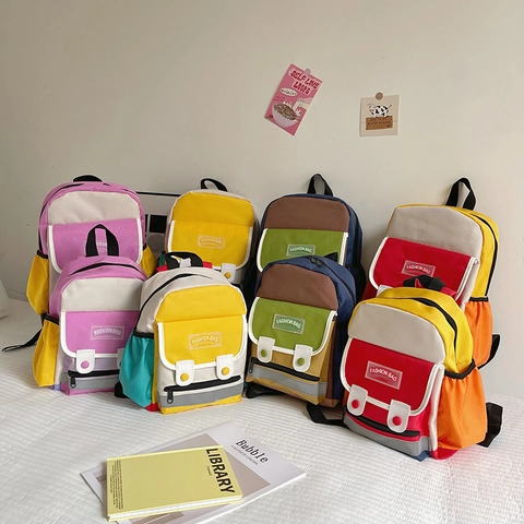 Kids Backpack Color Block Canvas Large Capacity Kindergarten School Bag With Reflective Strip Waterproof Fashion For Boys Girls