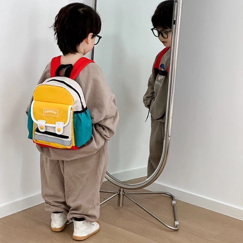 Kids Backpack Color Block Canvas Large Capacity Kindergarten School Bag With Reflective Strip Waterproof Fashion For Boys Girls