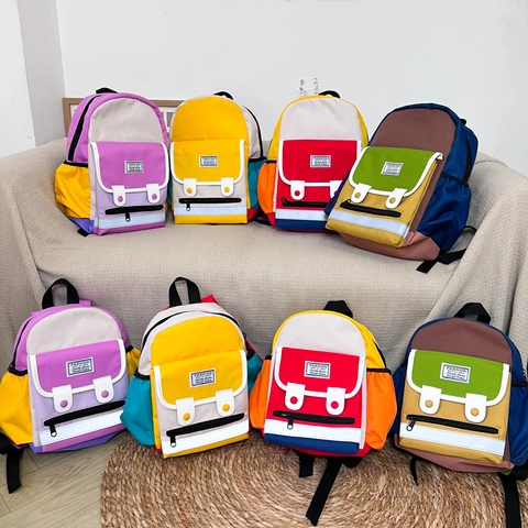 Kids Backpack Color Block Canvas Lightweight Breathable Reflective Safety Strip For Kindergarten Preschool Boys Girls