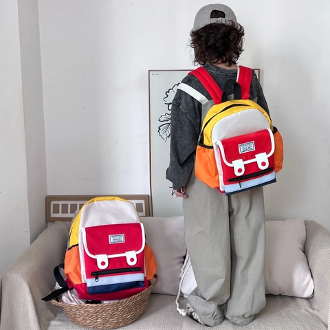 Kids Backpack Color Block Canvas Lightweight Breathable Reflective Safety Strip For Kindergarten Preschool Boys Girls