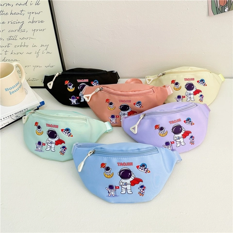 Kids Waist Bag Nylon Cartoon Astronaut Space Pattern Adjustable Strap Cute Chest Crossbody Pack For Toddler Boys Girls
