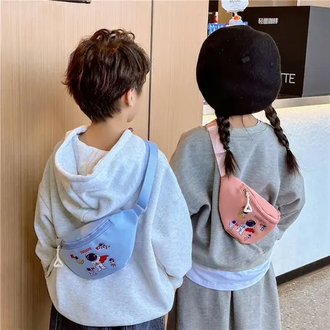Kids Waist Bag Nylon Cartoon Astronaut Space Pattern Adjustable Strap Cute Chest Crossbody Pack For Toddler Boys Girls