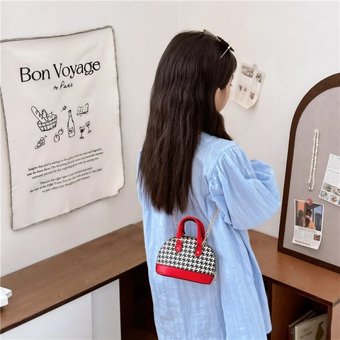 Mini Schelp Handtas Schoudertas Hahnentritt Stof PU Leer Kettingriem Vintage Koreaanse Mode Meisjes Kinderen