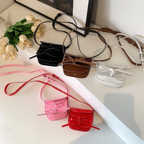Kids Mini Crossbody Bag Patent PU Leather Bowknot Decor Adjustable Strap Small Shoulder Purse For Toddlers Girls