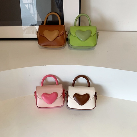 Kids Mini Crossbody Bag PU Leather Padded Heart Handbag Sweet Candy Color Adjustable Shoulder Strap For Girls