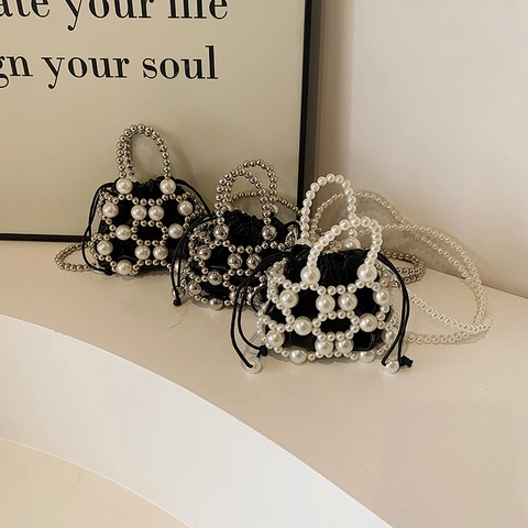 Mini Kinder Eimer Tasche Faux Künstliche Perle Künstliche Perlen Handtasche Metall Künstliche Perle Umhängetasche Für Mädchen Kordelzug Gewebter Stil
