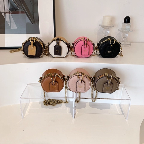 Mini Borsa A Tracolla Rotonda Pelle PU Motivo Litchi Catena Metallica Accessorio Di Moda Per Bambini Ragazzi Ragazze
