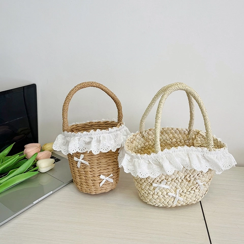 Süße Kinder Strohhandtasche Spitze Besatz Schleife Handgewebt Eimer Tasche Pastoraler Stil Für Mädchen