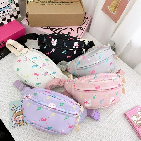 Cute Kids Waist Bag Nylon Chest Bag Cartoon Rabbit Candy Print Adjustable Strap For Boys Girls Japanese Style