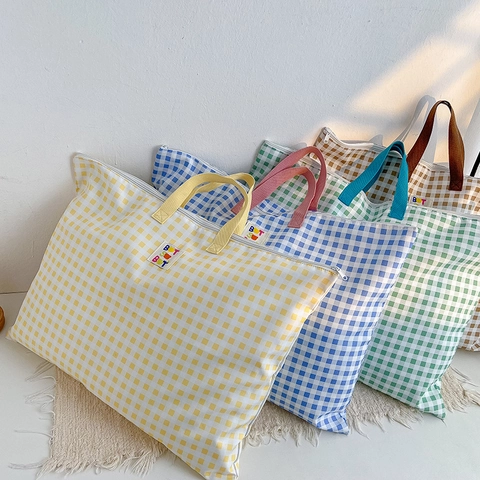 Kids Tote Bag Cotton Canvas Grid Pattern Large Capacity Shoulder Handbag With Zipper Letter Patch For Boys And Girls