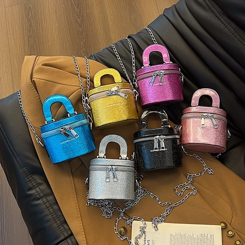 Kids Girls Mini Glitter Bucket Bag Fashion Sparkling Round Cylinder Handbag With Chain Shoulder Strap PU Leather