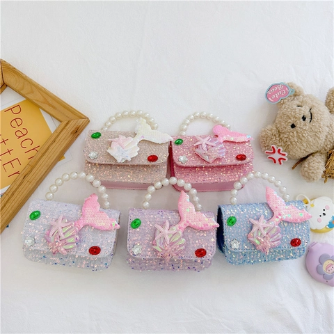 Bolso De Bandolera Con Lentejuelas De Sirena Para Niñas Con Asa De Perlas Artificiales Decoración De Concha Estrella De Mar Moda Princesa