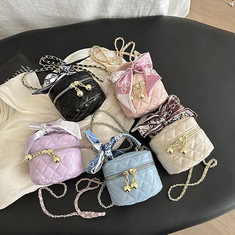 Kids Mini Quilted Shoulder Bag PU Leather Crossbody Handbag With Satin Scarf Bow Decoration Gold Chain Strap Fashion