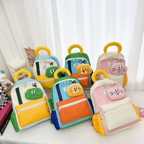 Zaino Per Bambini Borsa Scuola Colori A Contrasto Nylon Leggero Ciondolo Portamonete Animale Cartone Cinghie Regolabili