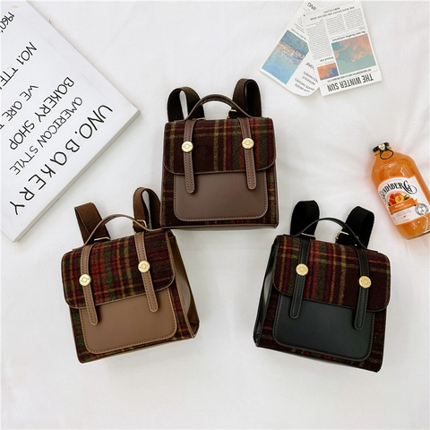 Sac À Dos Enfants Style Britannique Vintage Tartan Tissu Cuir PU Mini Sac D'école Pour Garçons Filles Maternelle