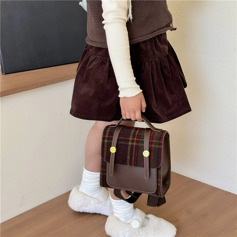 Sac À Dos Enfants Style Britannique Vintage Tartan Tissu Cuir PU Mini Sac D'école Pour Garçons Filles Maternelle