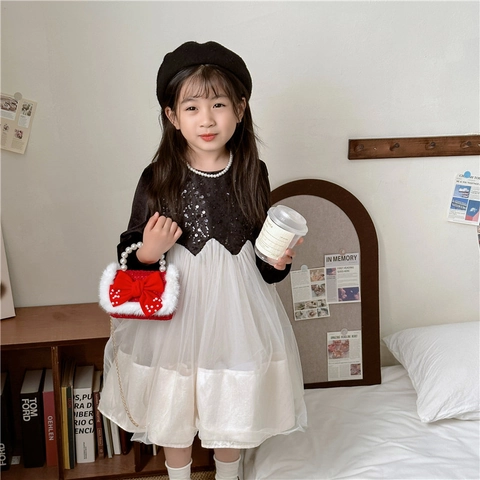 Kids Red Velvet Bow Artificial Pearl Handbag Faux Fur Trim Mini Crossbody Bag Elegant Princess Party Chain Purse For Girls
